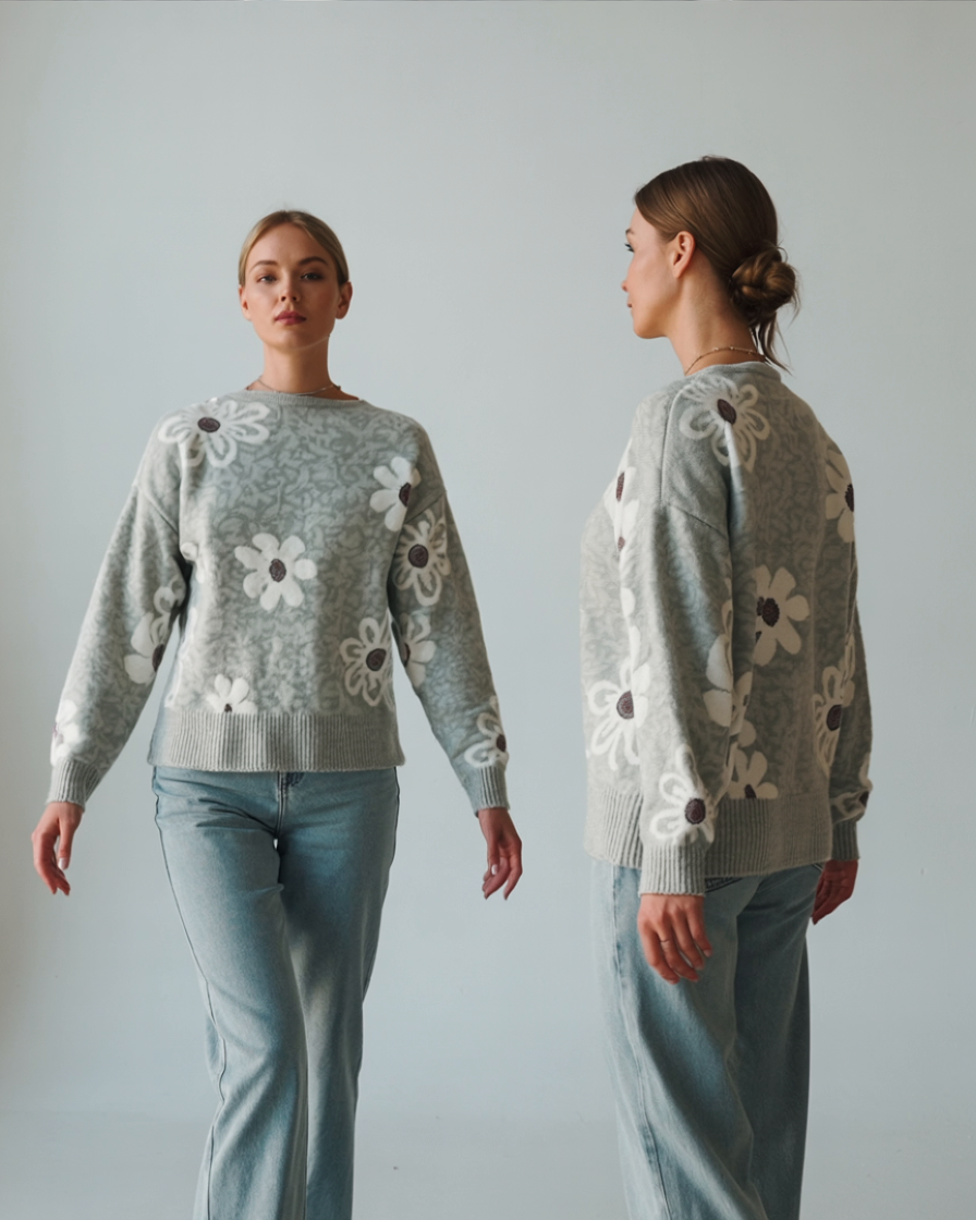 Nina | Strikket Cardigan med Blomstermønster