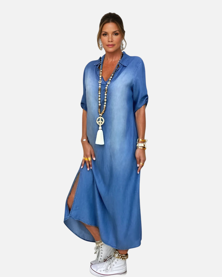 Lea | Lang kjole i jeans-look med sideslids