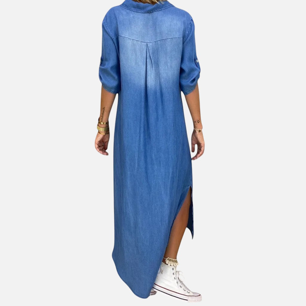 Lea | Lang kjole i jeans-look med sideslids