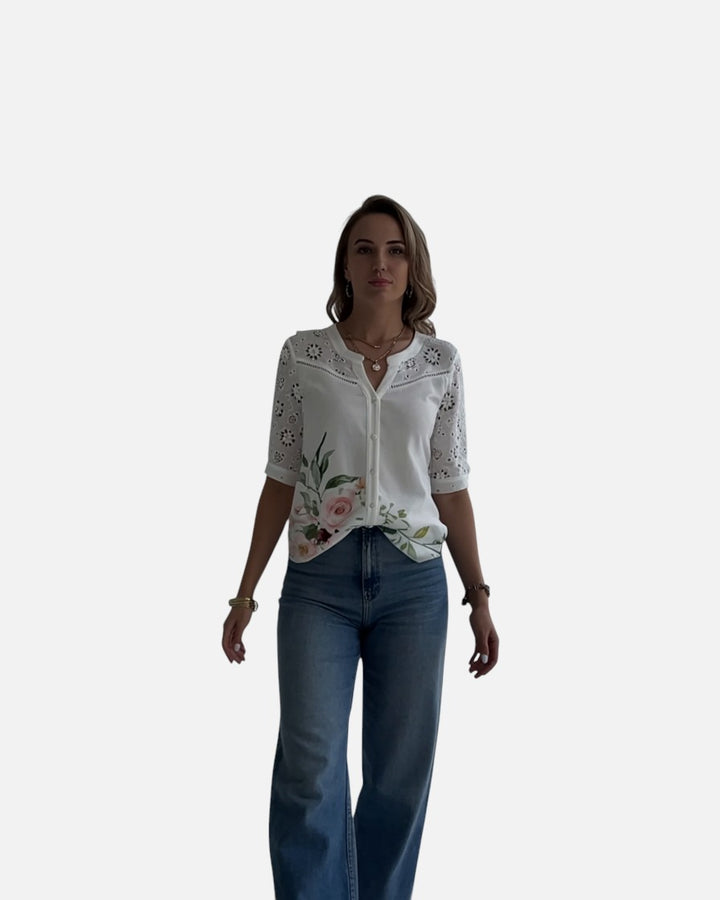 Blondebluse med Broderet Blomstermotiv | Olsen & Olsen™
