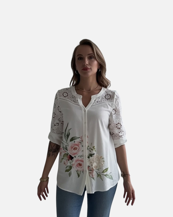 Blondebluse med Broderet Blomstermotiv | Olsen & Olsen™