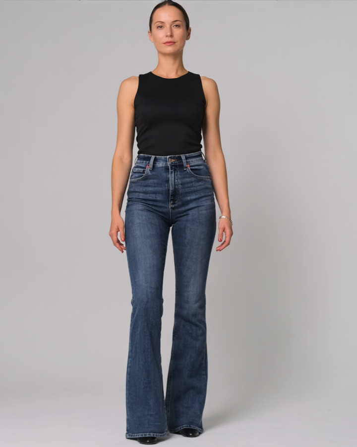 Sanne | Højtaljede Mørke Flare Jeans